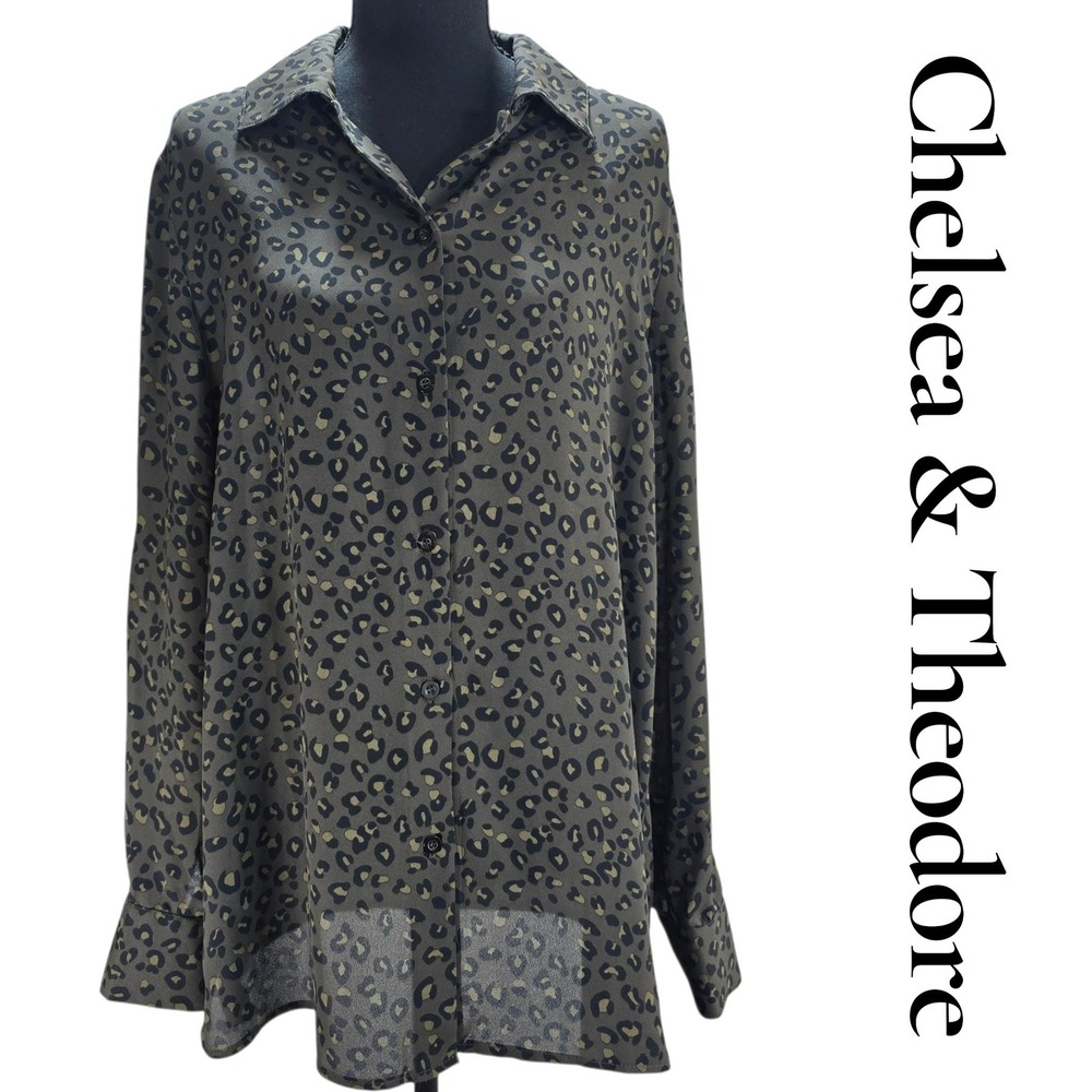 Chelsea & Theodore Shirt Medium Brown Sheer Leopard Print Classic Button Up